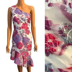 One shoulder shimmery floral dress by Venus.
